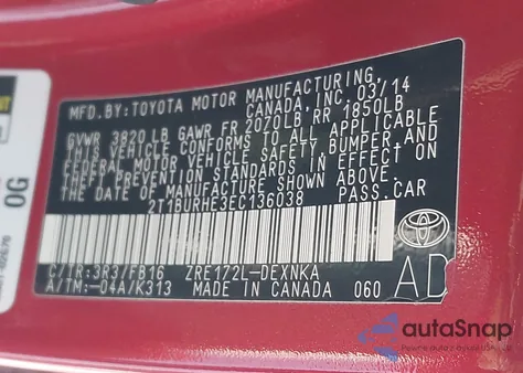 2014 Toyota Corolla Le from USA, damaged, VIN 2T1BURHE3EC136038